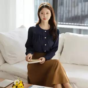 [시크라인] (~XXL까지) 켈리비 라운드넥 핀턱 셔링 블라우스 봄 가을 하객룩 오피스룩 모임룩 격식룩 빅사이즈