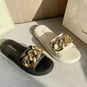 페미닌 고급스러운 플랫 금장 블링 장식 슬리퍼 끈슬리퍼 사무실실내화 키높이슬리퍼