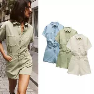 점프수트 점프 슈트 반팔 스퀘어넥 여성 반바지