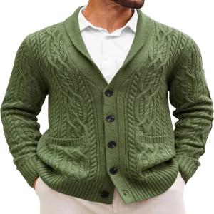 런카티 남성 숄 칼라 가디건 스웨터 캐주얼 케이블 니트 버튼 다운 겨울 청키 골지