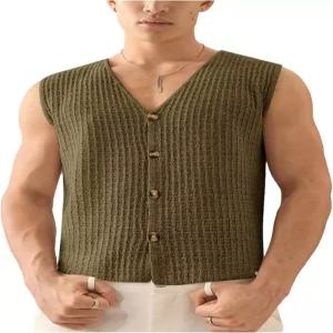 스웨트록스 남성 버튼 다운 스웨터 조끼 V 넥 민소매 텍스처 캐주얼 니트 상의