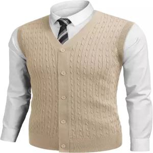 쿠판디 남성 민소매 스웨터 조끼 브이넥 캐주얼 케이블 니트 버튼 다운 카디건