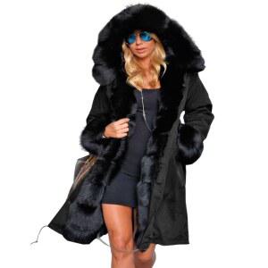 아오푸르 여성 후드 인조 모피 안감 따뜻한 코트 파킹스 아웃웨어 겨울 롱 재킷