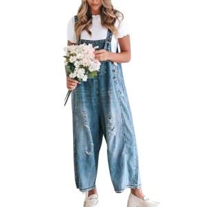 Chouyatou 여성 루즈 조절 스트랩 데님 빕 청바지 디스트레스 와이드 레그 배기 점프수트