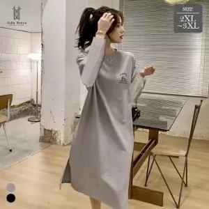 봄가을 여성 캐주얼 옆트임 루즈핏 긴팔 롱원피스 편안한 스판원단 Bon-2612_2