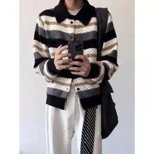 썬더볼츠 니트 남성용 남친 가을 빈티지 펀칭 보들보들 칼라넥 스트라이프 카디건 스웨터 터틀넥 KKE3