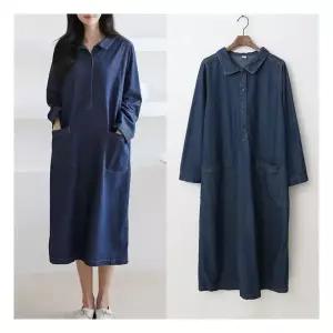 마미누리바이 청 원피스 카라 단추 데님 롱원피스 임산부 데일리룩 177031