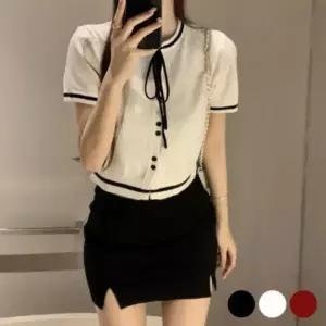 패션스타일 리본 귀여운 반크롭 니트 기장 여성 여름 가디건