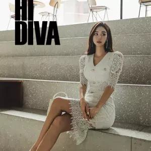 EAMT 여성 원피스 펀칭 브이넥 힙스커트 레이스 싱글 5부소매 EUNG5