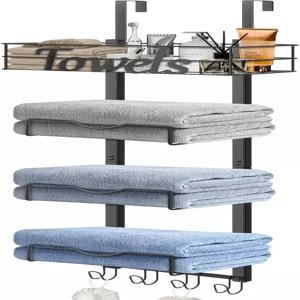 하쥬 오버 더 도어 타월 랙 바구니 및 후크가 있는 드릴 보관 금지 욕실 침실 아파트 RV를 위한 공간