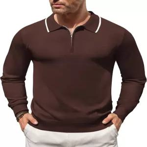 COOFANDY 남성 니트 폴로 셔츠 긴 소매 쿼터 집 스웨터 캐주얼 골프 빈티지 스트라이프 칼라