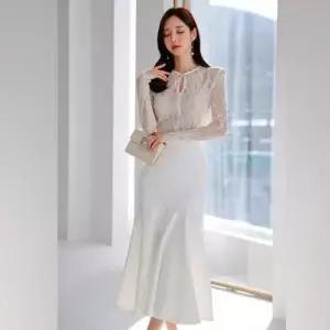 EAMT 스커트 원피스 프릴 여자원피스 패션 숙녀 레이스패치 드레스 봄가을 YJ3