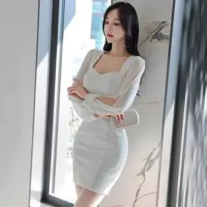원피스 여친 쉬폰 스퀘어넥 추동 여자시폰으로 랩스커트 슬림 허리 CH3