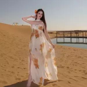 EAMT 원피스 여성용 언밸런스 홀터넥 바캉스 비치 섬 슬리브 포토 YJ1