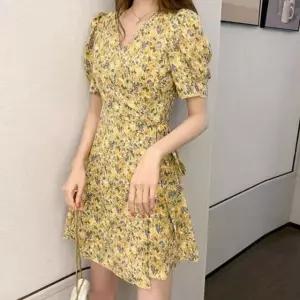 플라워패턴 A스커트라인 퍼프소매 랩원피스 스트링