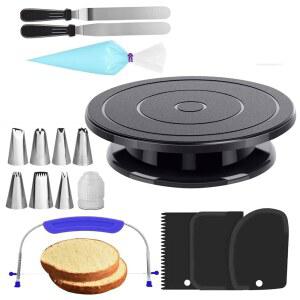 11인치 회전 턴테이블 조각 휠 회전, 35피스 케이크 페인팅 경량 스탠드, 아이싱 팁 & 가방 - 페인트 분사 스피너용 스트레이트 오프셋 주걱, 장식