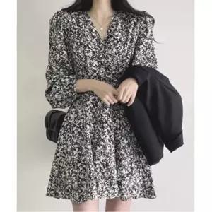 여성 플라워 허리 밴딩 미니 원피스 블랙 1P 하객룩 플라워원피스 랩원피스 미니원피스