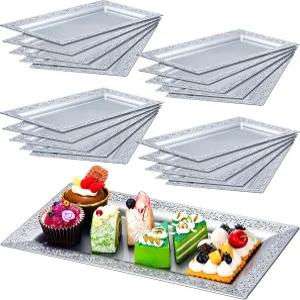 Maxcheck 24개 플라스틱 서빙 트레이 플래터 세트 14 x 7.5 인치 레이스 테두리 디저트 컵케이크 결혼식