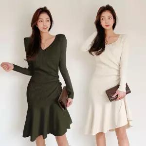 여자 원피스 치마 니트 스판 머메이드 셔링 프릴 브이넥 봄가을 스트링 쉬폰 원픽1