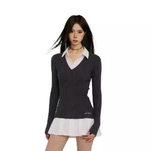 여성 짧은 긴팔 니트 스커트 브이넥 셔츠 원피스