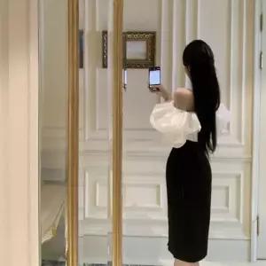 원피스 여자원피스 일자 어깨 드레스 쉬폰 퍼프 프렌치 트임 원템1