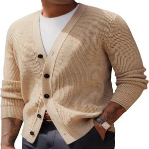 PJ 폴 존스 남성 와플 텍스처 가디건 스웨터 긴 소매 브이넥 니트