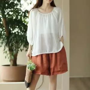 솔저스여름 캐주얼 밴딩 주름 반바지 와이드 여성바지 배기 이중 모시 숏팬츠 OPH5