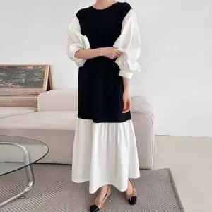 [하프클럽/]화이트 배색 퍼프 빅사이즈 오버핏 롱 원피스