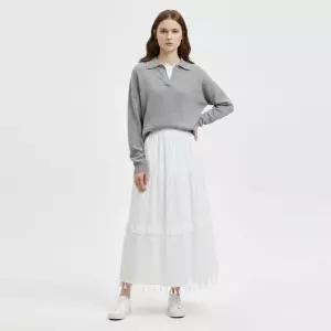 [샵앤] 여성 허리밴딩 밑단수술 안감 화이트 롱스커트 NARU-WSK-21077