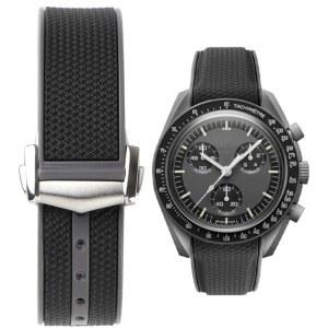 [미국배송] 시야 초점 오메가 X 스와치용 20MM 커브드 엔드 고무 시계 밴드 스피드마스터 문워치 접이식 버클 스트랩 교체 간격 없는 전개 남성 여성 방진 세탁 가능