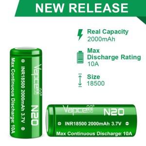 Vapcell N20 18500 2000mAh 10A 3.7V 충전식 배터리 손전등 용 고성능 INR 리튬