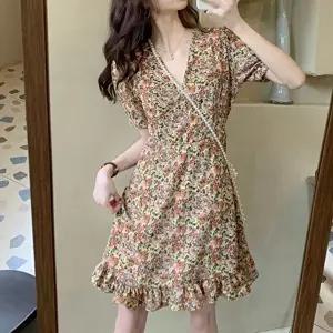 브이넥 플라워 미니 랩 원피스 퍼프소매 A라인 (KYR-WFFT72A)