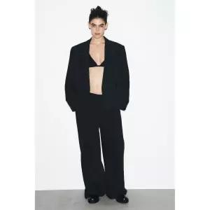 ZARA 핀 스트라이프 턱 디테일 팬츠 - 블랙 {QHJ}