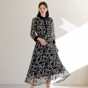 [시크라인] 브로 드로잉패턴 쉬폰 시스루 벨트 원피스