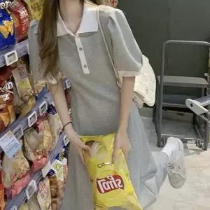 여자 배색카라 반팔 심플 롱원피스 데일리코디 여름롱원피스