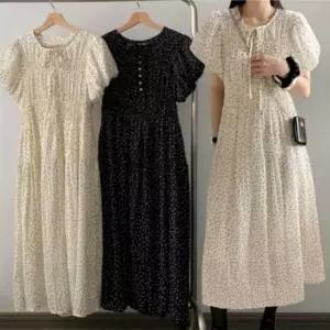 롱원피스 여성 미니멀 도트 쉬폰 롱 드레스 반팔 라운드 원피스