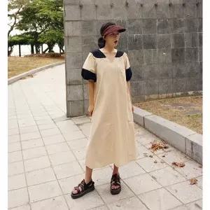 [앞머리]오버핏 린넨 배색 퍼프소매 롱 원피스n710