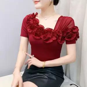 라인댄스복 상의 플라워 반팔 여름 장식 티셔츠 프릴