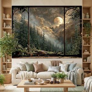 라이프엘 숲 풍경 태피스트리, 달별이 빛나는 하늘 밤 창문 침실 거실용 홈 데코, 36x48인치