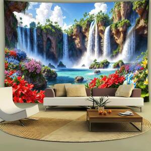 1개입 풍경 폭포 꽃 태피스트리 | 사진 배경 거실/침실/사무실/파티 장식 및 라이브 스트림