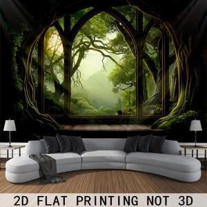 VIKAMA 포레스트 트리 윈도우 시크릿 태피스트리 호빗 스타일 가짜 창문 벽걸이 침실 거실 홈스테이 데코