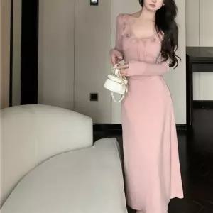 여자원피스 긴팔 원피스 롱스커트 퓨어 봄가을 랩 크로스 브이넥 프릴 심쿵마켓