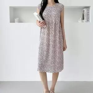 여자 신원한 냉 쿨링 주름 다양한 플라워 패턴 홈웨어 나시 원피스 원피스