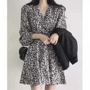 여성 플라워 허리 밴딩 미니 원피스 블랙 1P 하객룩 미니원피스