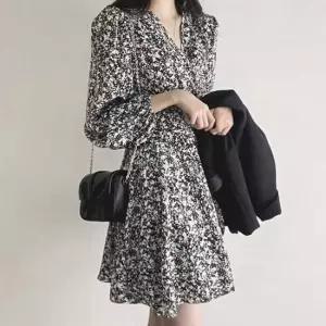 결혼식 하객 룩 패션 플레어 랩 플라워 패턴 원피스 저렴한캐쥬얼원피스