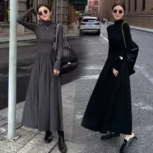 가을 시크한 여성 하이웨스트 A라인 목티 긴팔 원피스 쉬폰원피스