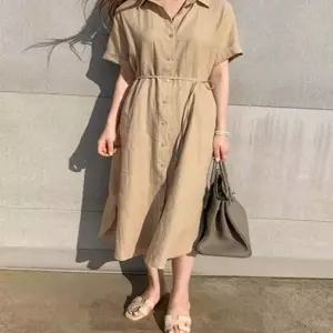 여성 여름 린넨 시원한 롱 원피스 반팔 셔츠 허리끈 린넨원피스