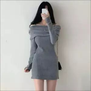 여성 여리여리 오프숄더 끈나시 슬림핏 니트 미니원피스 2색 데일리룩