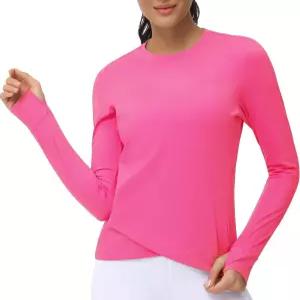 여성용 긴팔 압박 셔츠 운동복 엄지 구멍이 있는 크로스 헴 운동 러닝 요가 티셔츠 1위