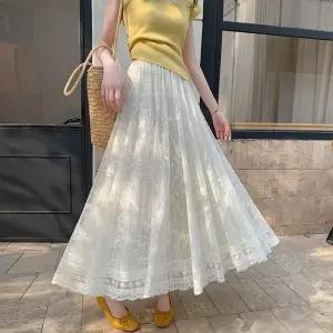 포뇨 여친 치마 롱 망사 봄 양면에 레이스 플리츠 자수 슬림핏 OPH1